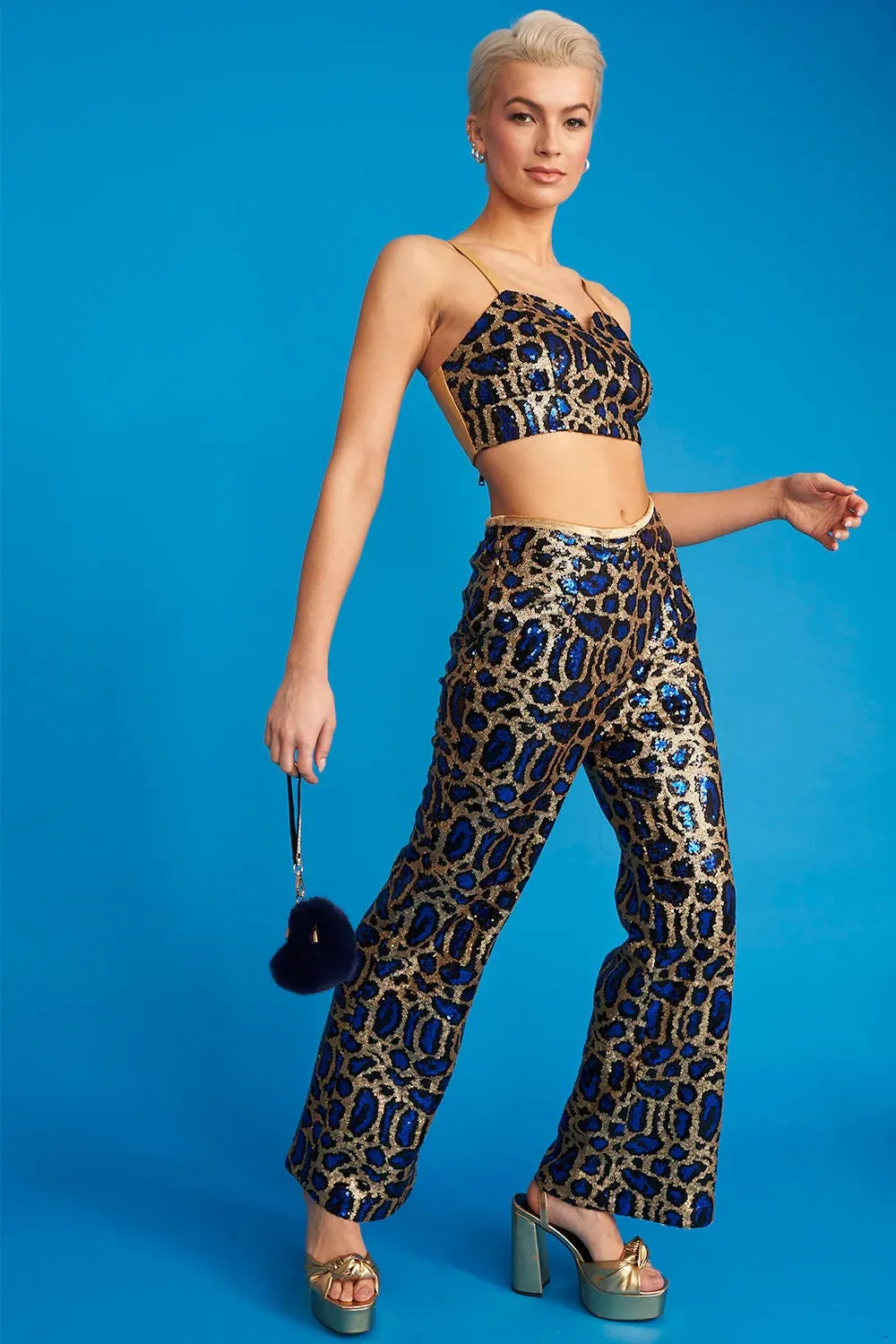 Blue Bamboo Animal Print Sequin Trousers