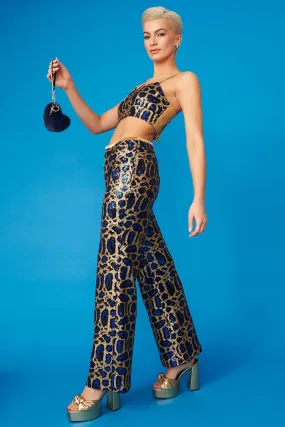 Blue Bamboo Animal Print Sequin Trousers