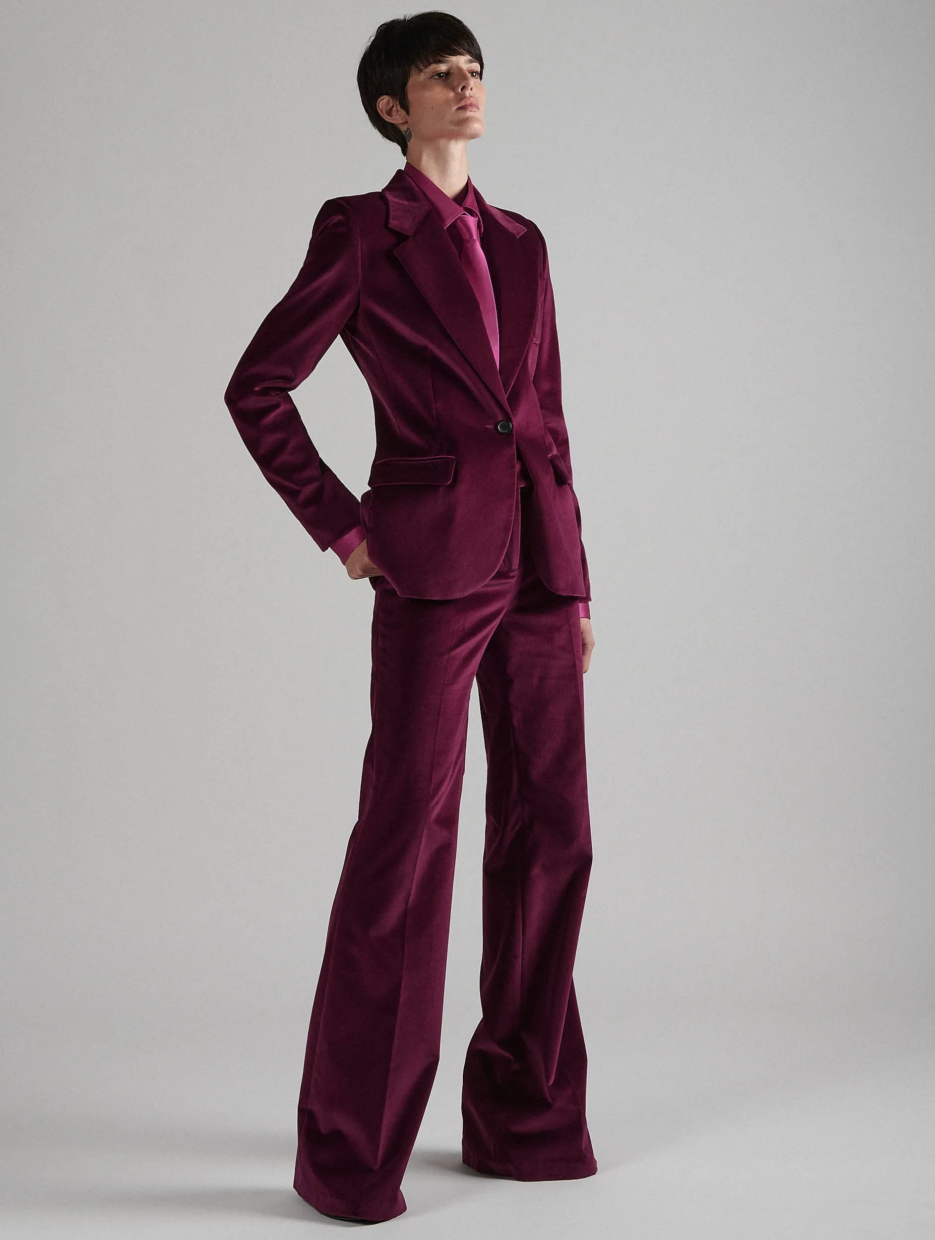 Bootleg suit trousers in pomegranate velvet