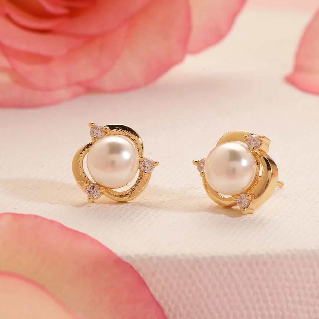 Brass 18k Rose Gold Floral Pearl Studs Earring Pair For Women