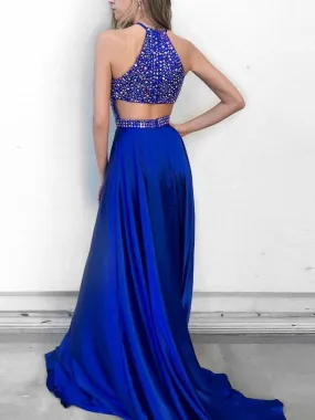 Brilliant Satin Jewel Neckline Cut-out Chapel Train A-line Prom Dresses With Rhinestones PD020