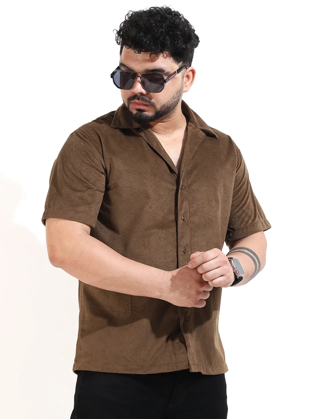 Brown Corduroy Velvet Half Sleeve Shirt