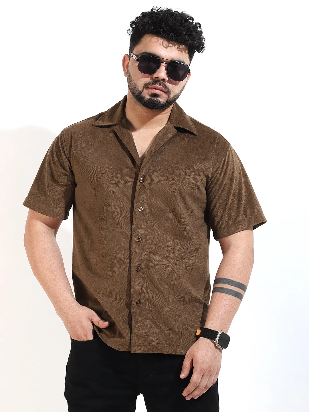 Brown Corduroy Velvet Half Sleeve Shirt