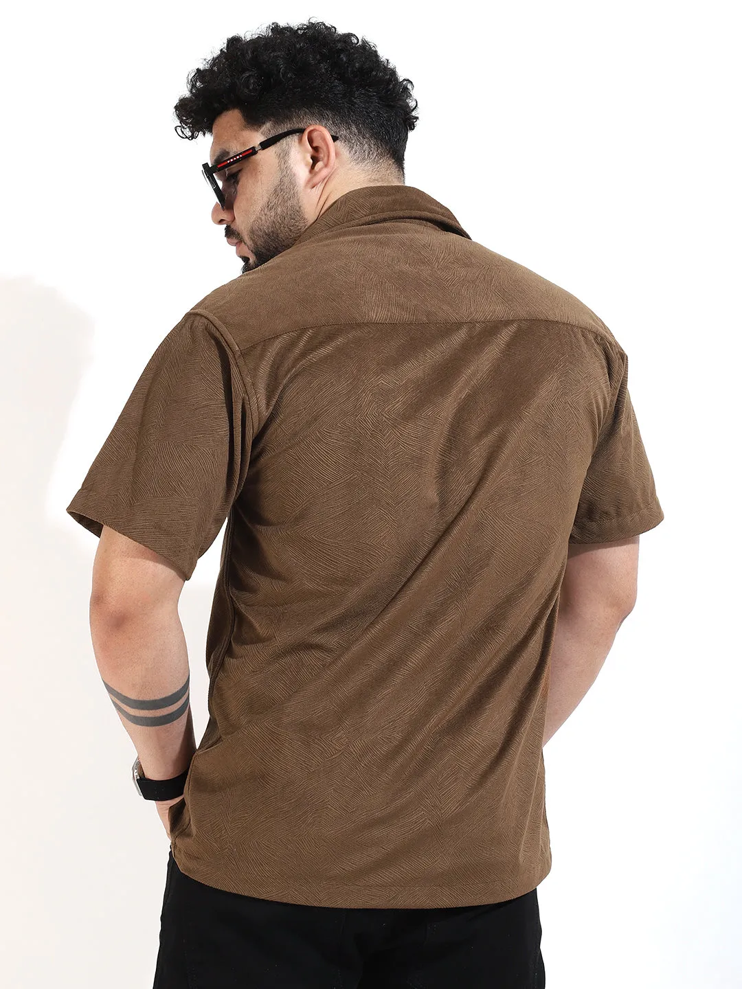 Brown Corduroy Velvet Half Sleeve Shirt