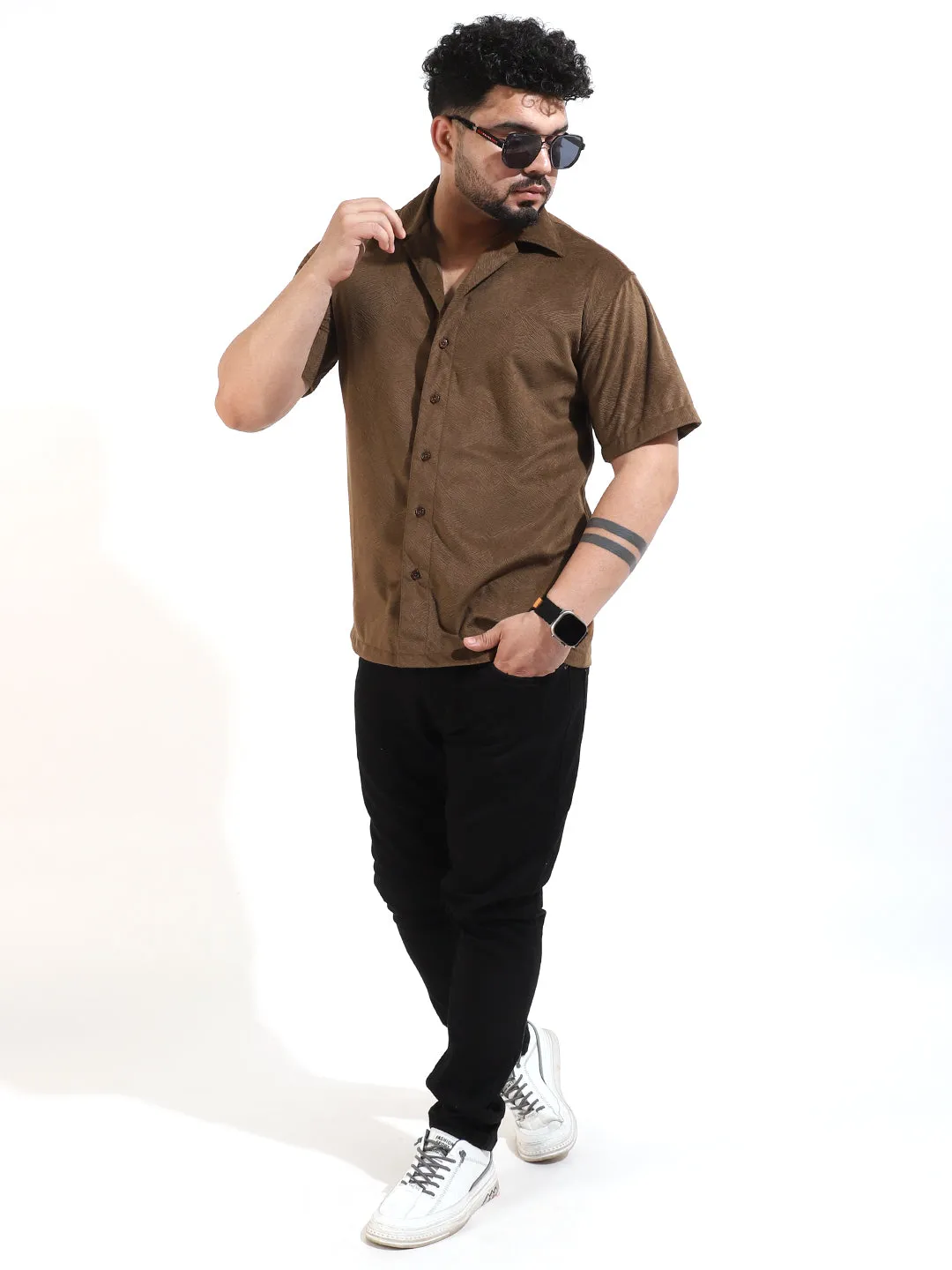 Brown Corduroy Velvet Half Sleeve Shirt