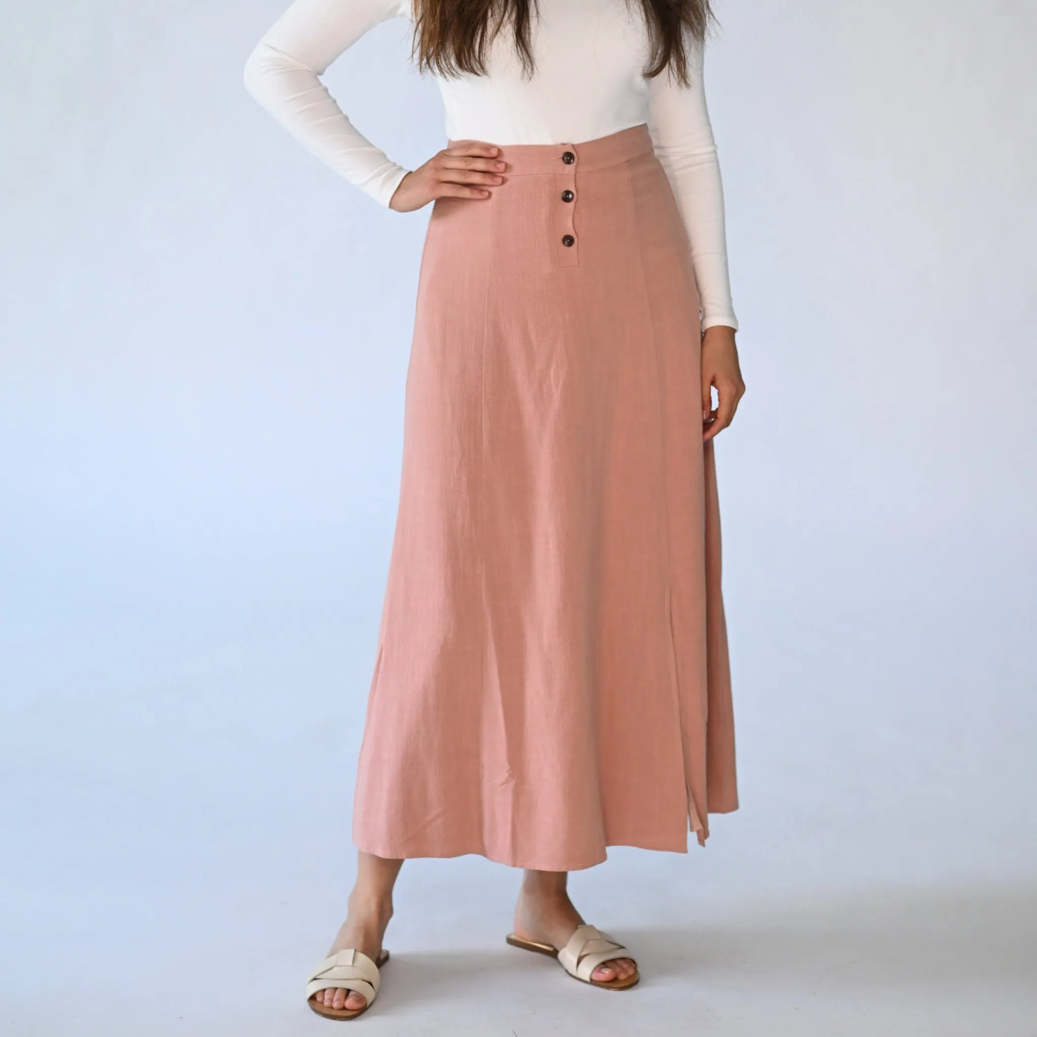 Button Front Linen Skirt Rose