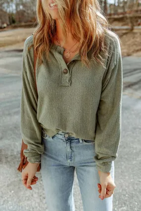 Buttoned Round Neck Long Sleeve Top