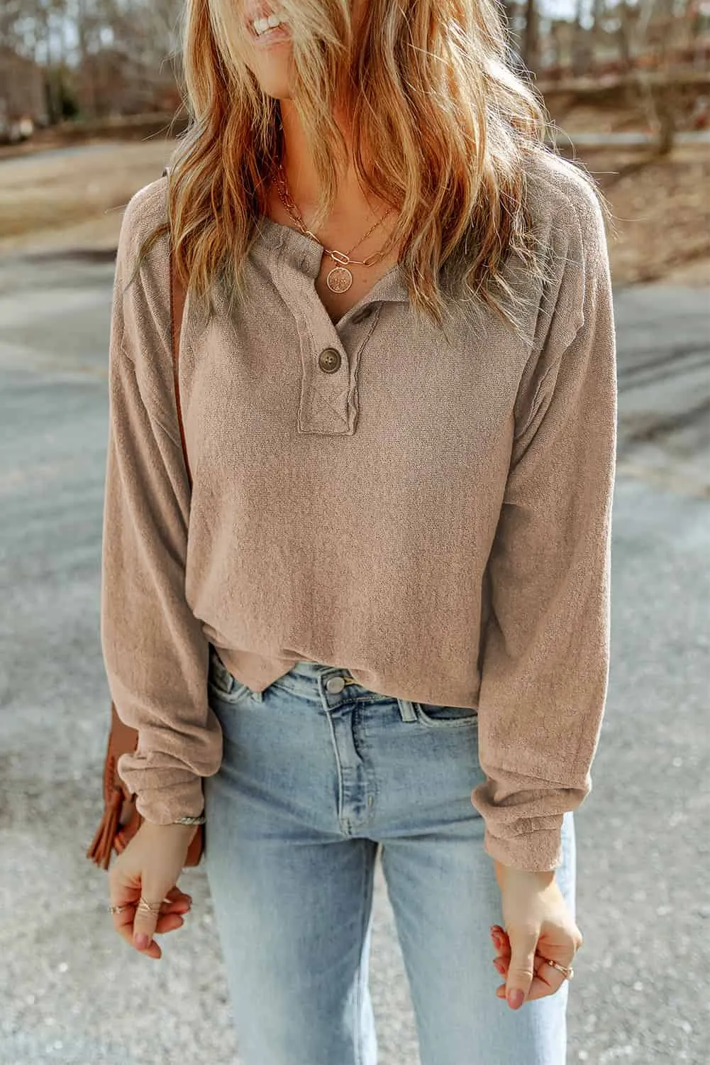 Buttoned Round Neck Long Sleeve Top