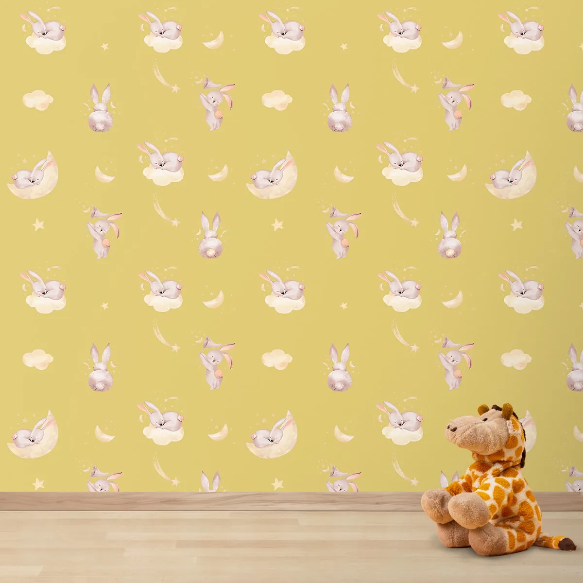 Chasing Stars with Bunny Friends, Cute Wallpaper for Rooms, Yellow