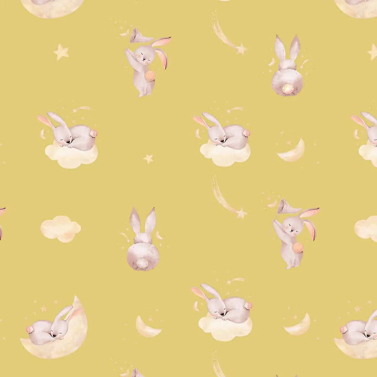 Chasing Stars with Bunny Friends, Cute Wallpaper for Rooms, Yellow