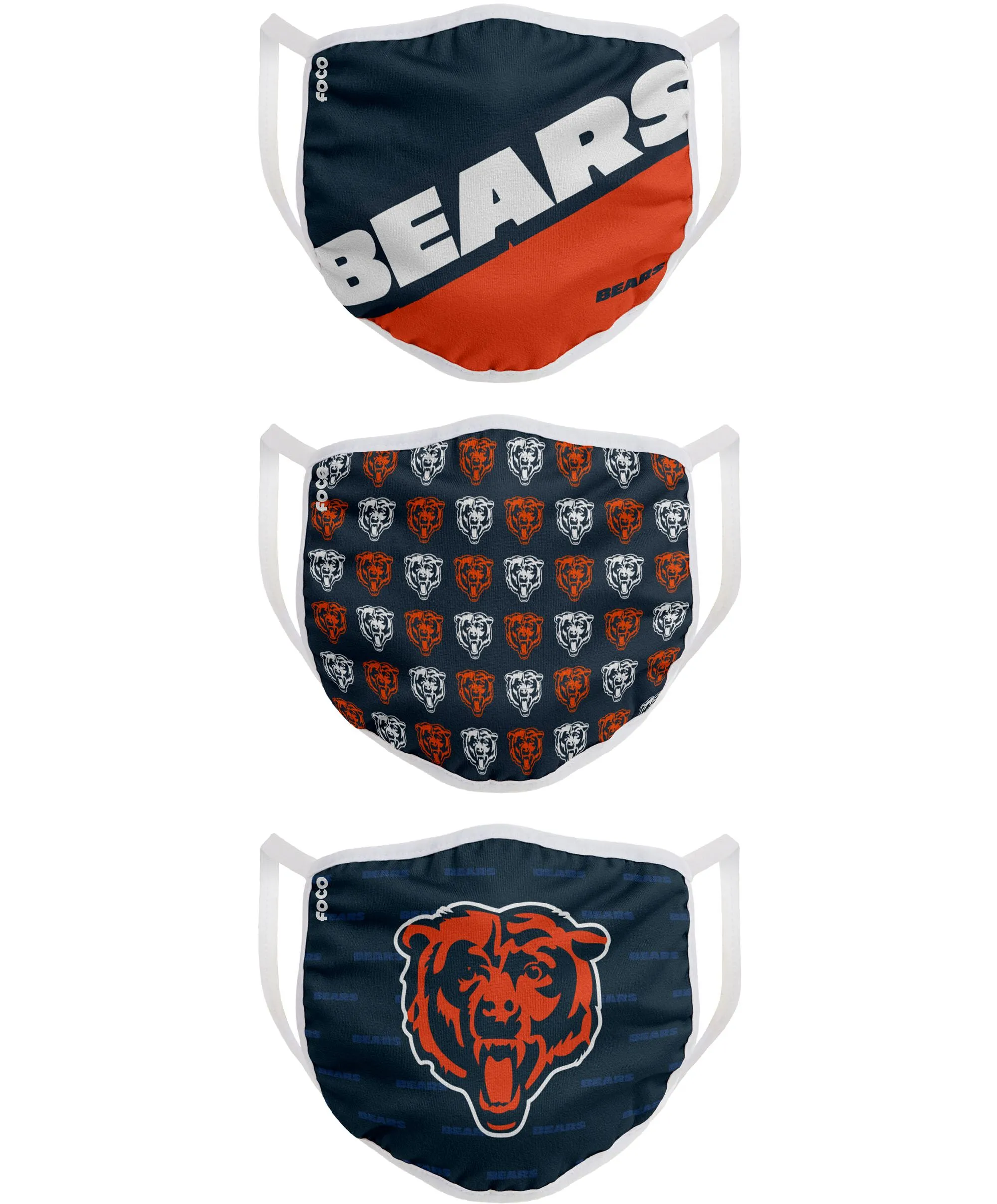 Chicago Bears NFL Football Gametime Foco Pack of 3 Adult Face Covering Mask