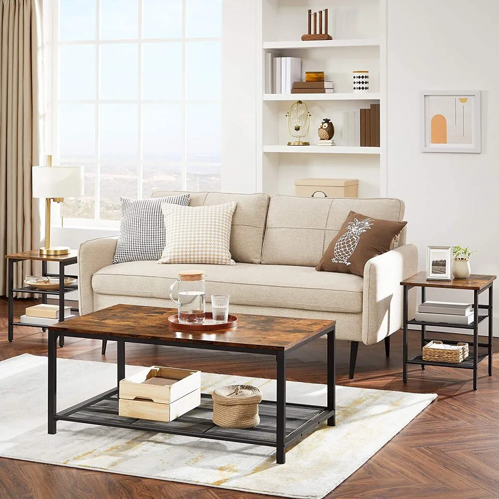 Coffee Living Room Table with Dense Mesh Shelf Rustic Brown