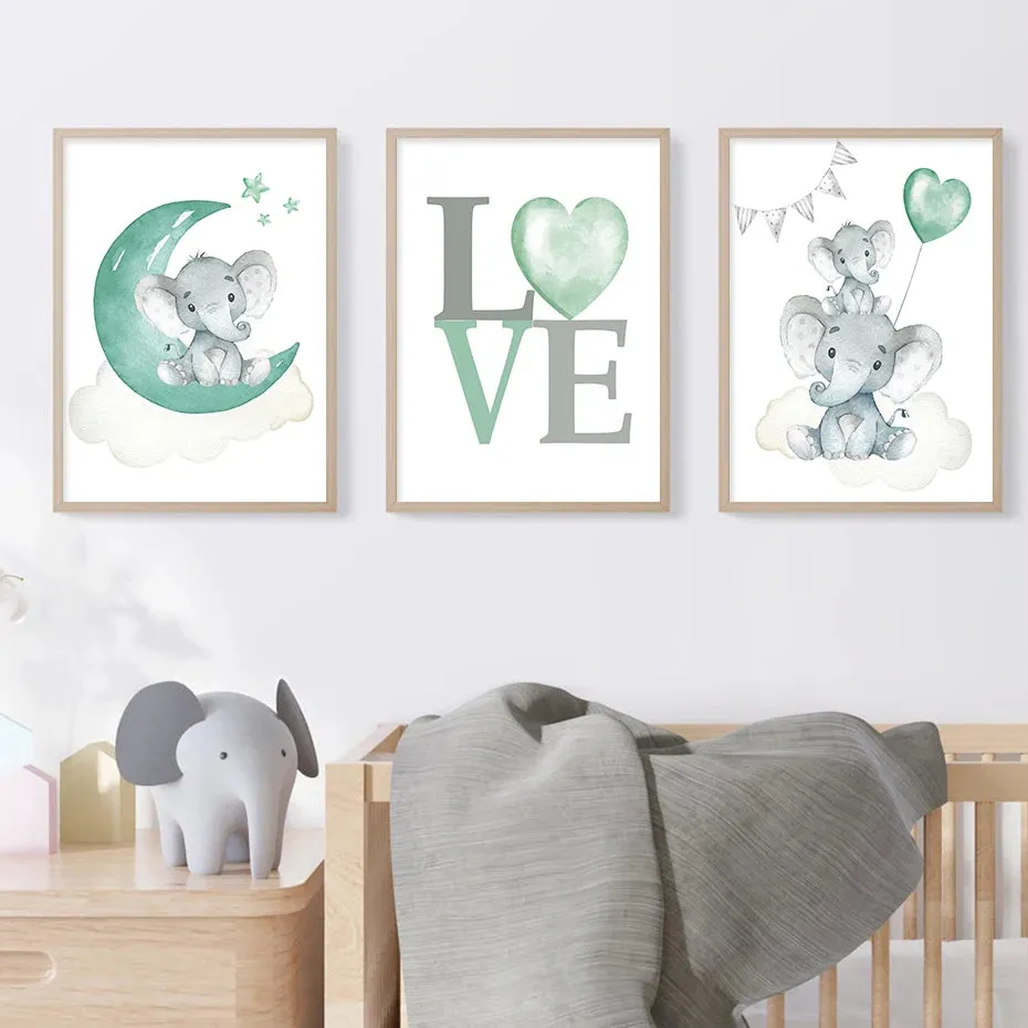 Cute Personalized Baby's Name Wall Art Fine Art Canvas Prints For Nursery Room Baby Elephant Moon & Stars Pictures For Kid's Room Wall Decor.