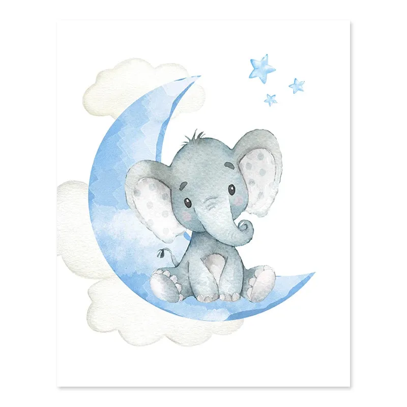 Cute Personalized Baby's Name Wall Art Fine Art Canvas Prints For Nursery Room Baby Elephant Moon & Stars Pictures For Kid's Room Wall Decor.