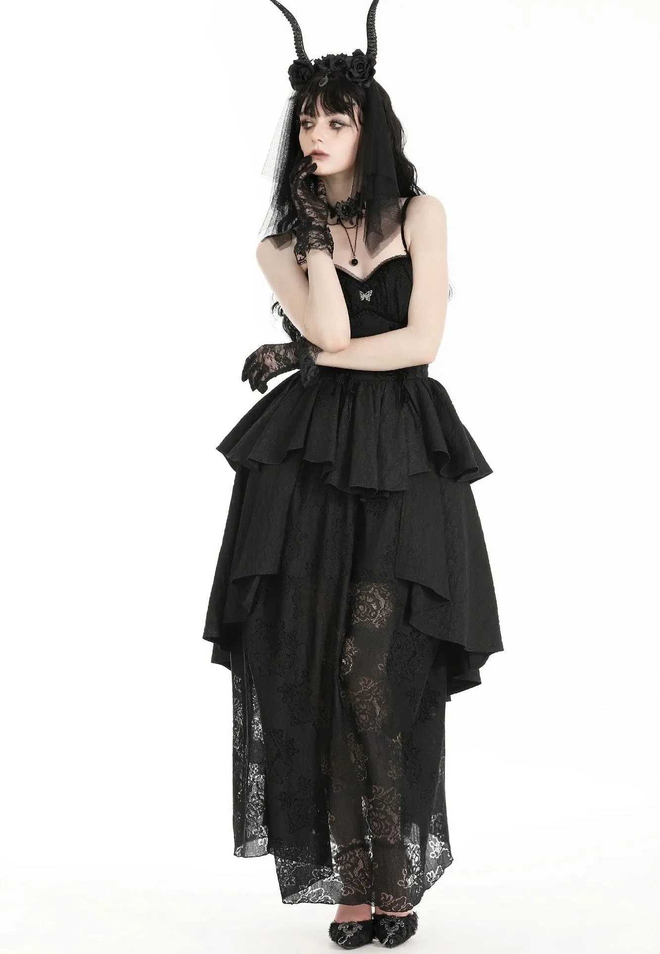 Dark In Love - Gothic Death Butterfly Layered Hi Low Black - Dress