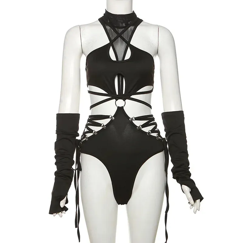 'Dark Twist' Mesh Hollow Cut Out Clubbing Cosplay Goth Bodysuit