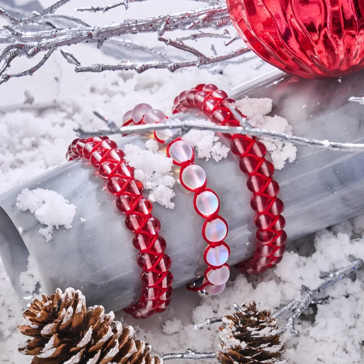 Dark Vermillion | Silver | Double Mermaid Glass Bracelet