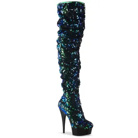 DELIGHT-3004 Pleaser Clearance  Green Iridescent Sequin Thigh High Sexy Boots