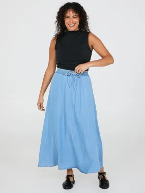 Denim Drawstring A-Line Midi Skirt