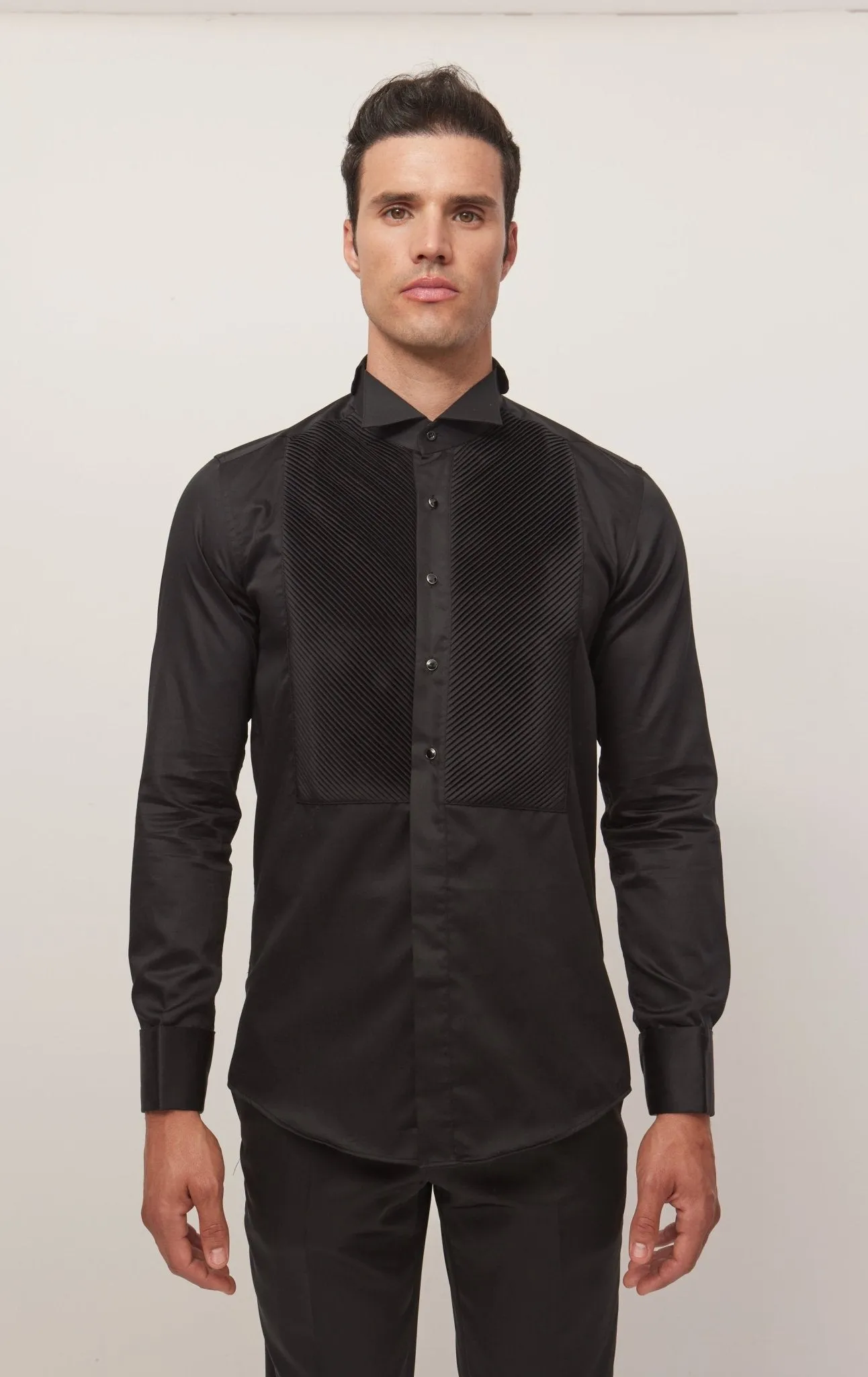 Diagonal Pleated Wing Tip Collar Shirt - Black