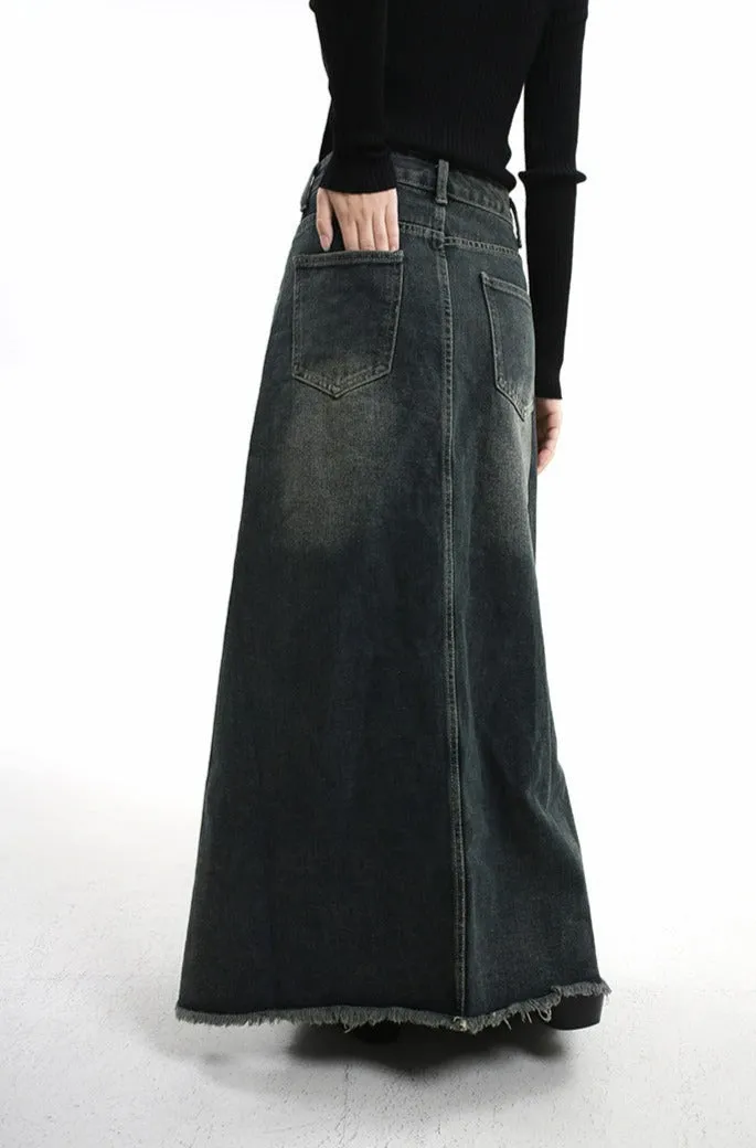 Distressed Hem Faded Maxi Denim Skirt