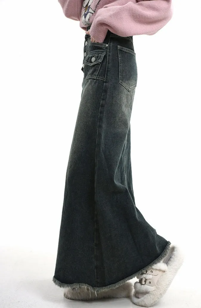 Distressed Hem Faded Maxi Denim Skirt