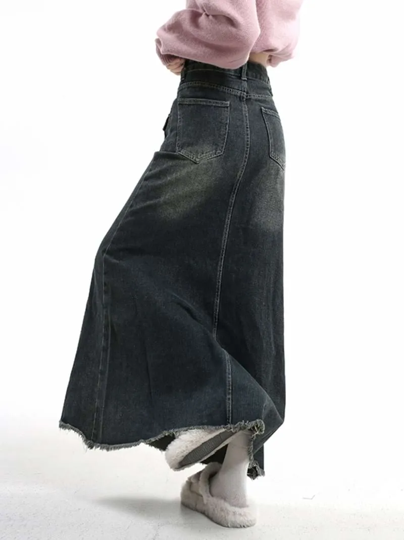 Distressed Hem Faded Maxi Denim Skirt