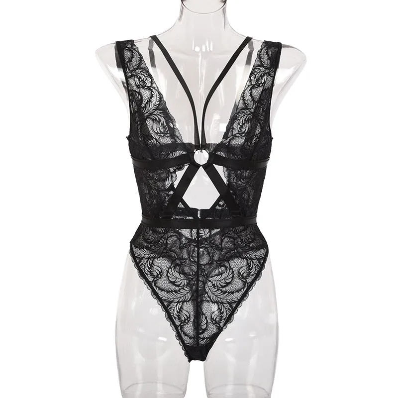 'Eclipse' Sexy Black Lace Goth Bodysuit