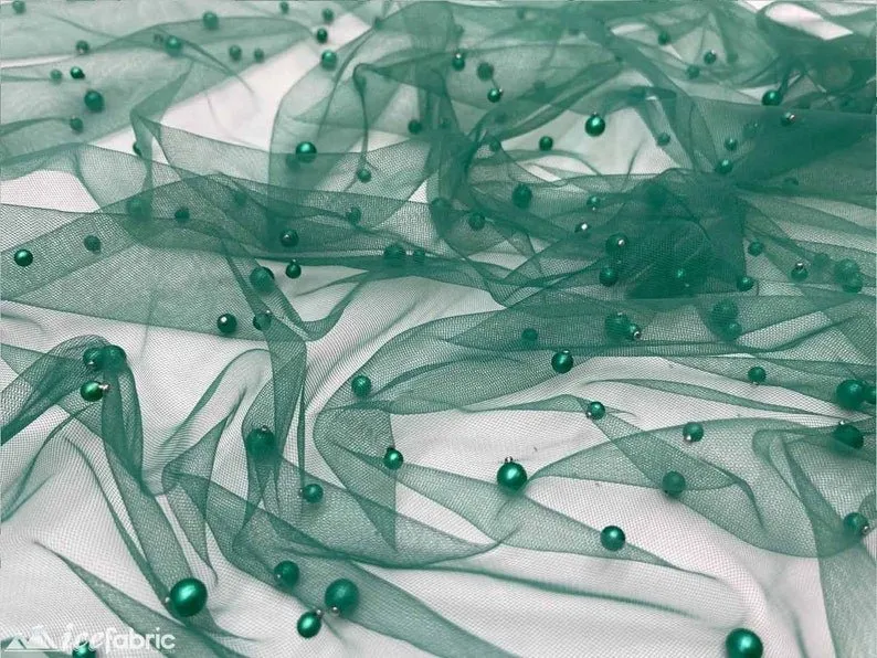 Emerald Green  Pearls Lace Beaded Fabric on Tulle for Bridal Fabric