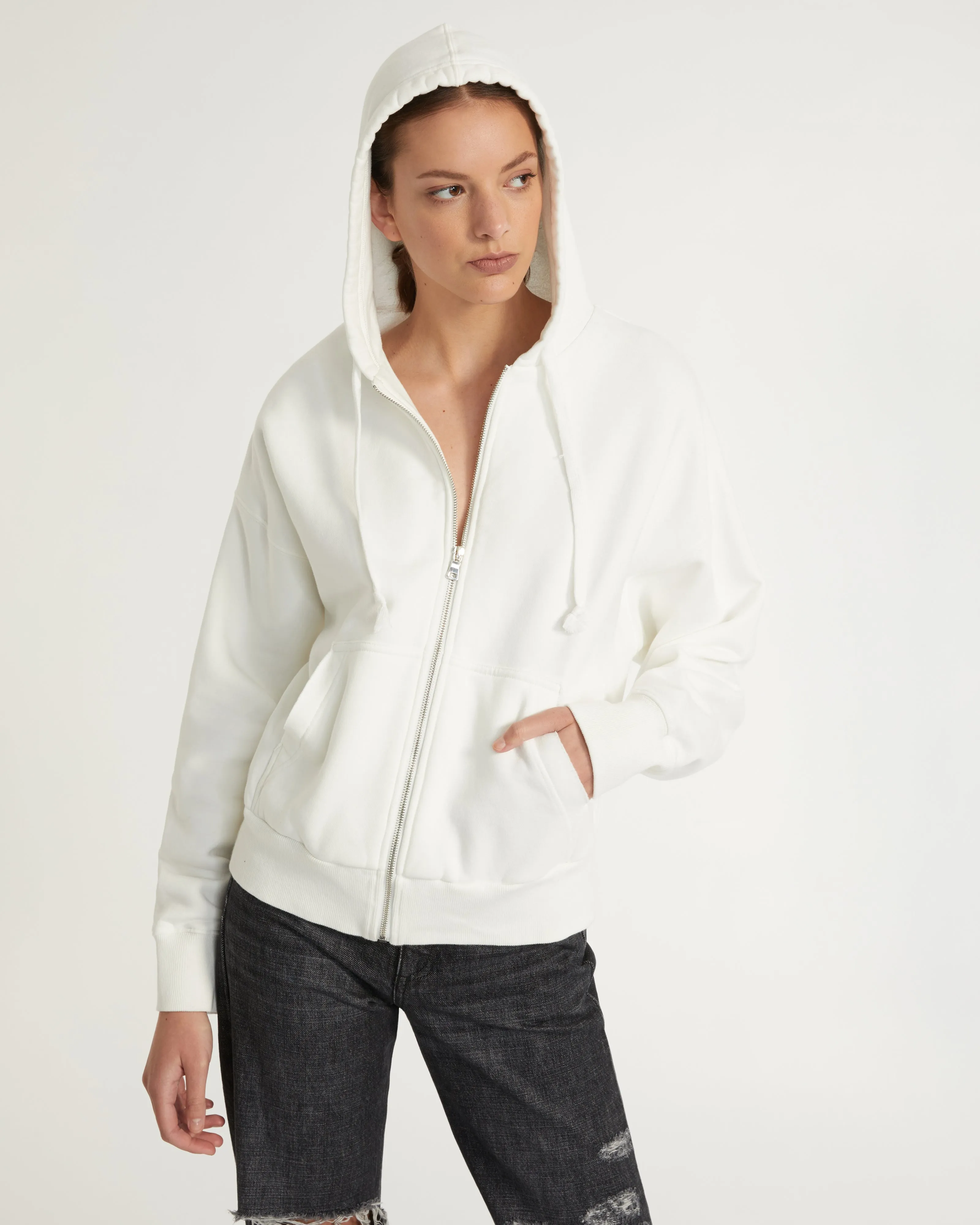 Finley Plush Drop Shoulder Zip Front Hoodie in White