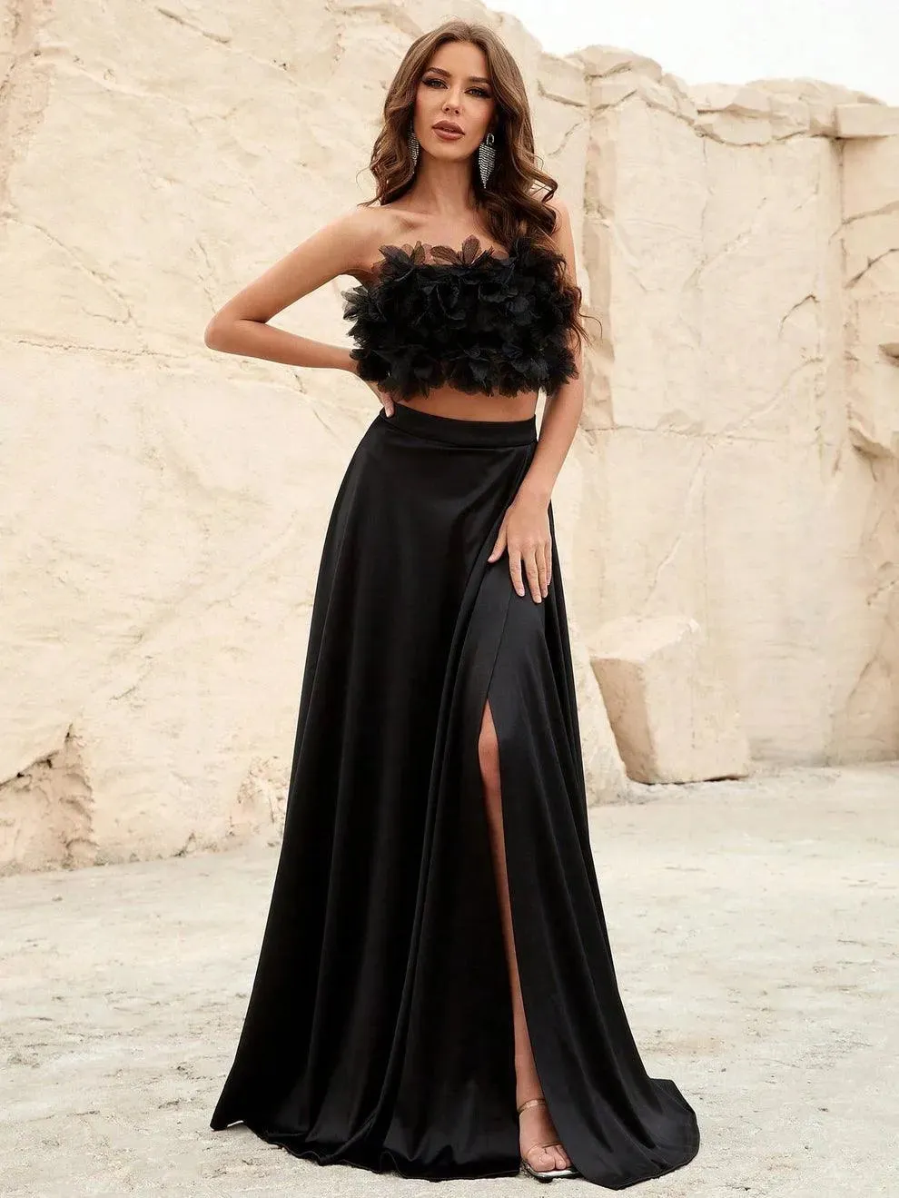 Floral Applique Cut Out Waist Split Thigh Satin Tube Dress