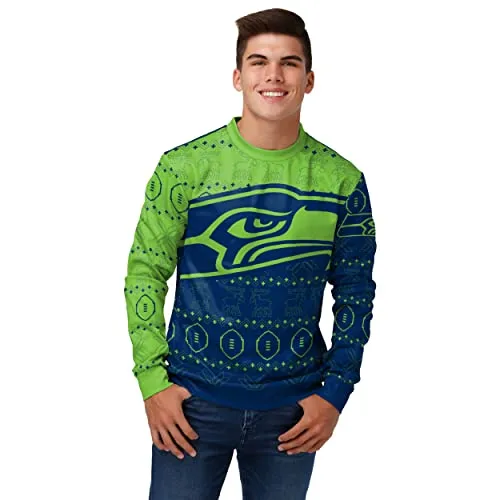 FOCO Men's NFL Printed Primary Logo Lightweight Holiday Sweater, Seattle Seahawks, Medium