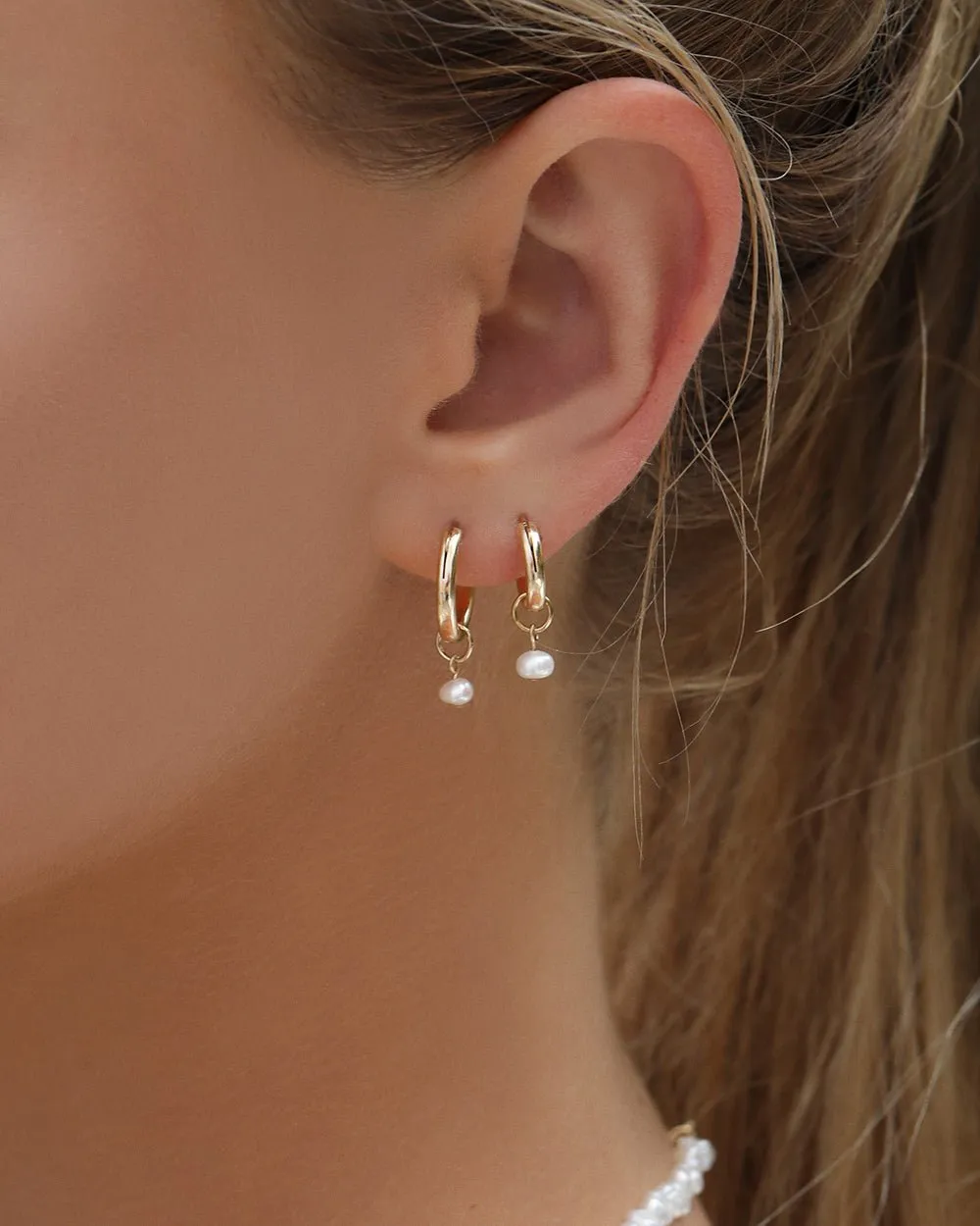 Freshwater Pearl Thick Hoop Earrings - 14k Yellow Gold Fill