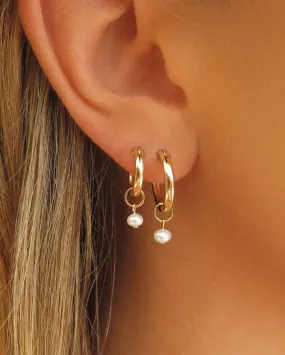 Freshwater Pearl Thick Hoop Earrings - 14k Yellow Gold Fill