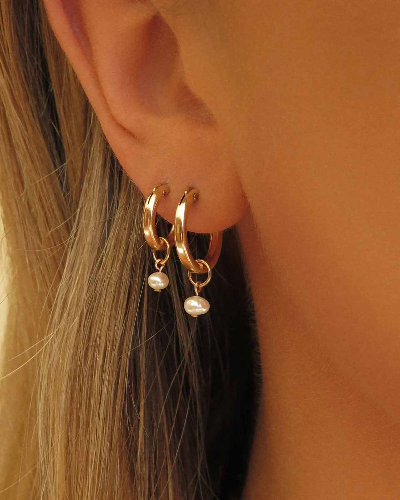 Freshwater Pearl Thick Hoop Earrings - 14k Yellow Gold Fill