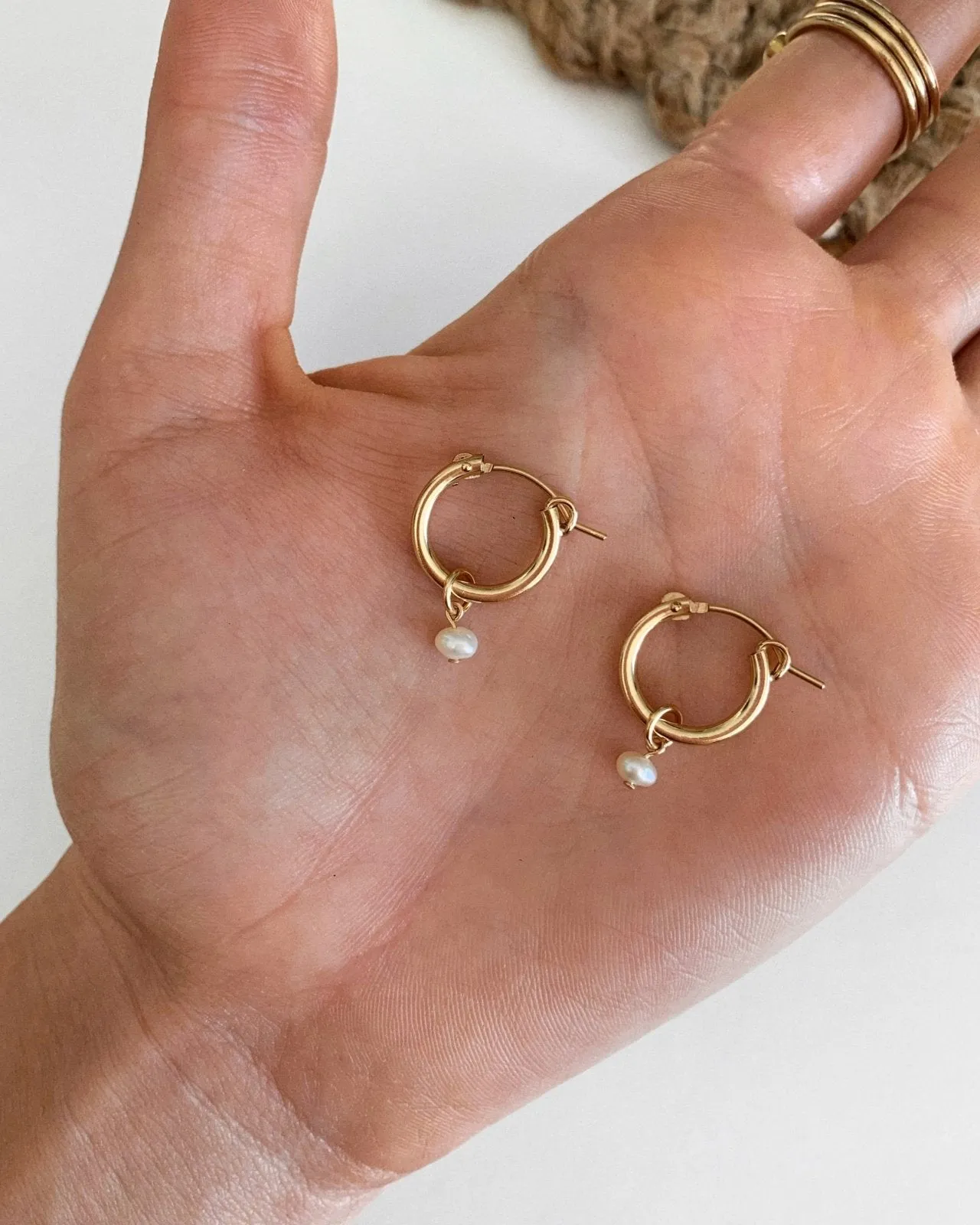 Freshwater Pearl Thick Hoop Earrings - 14k Yellow Gold Fill