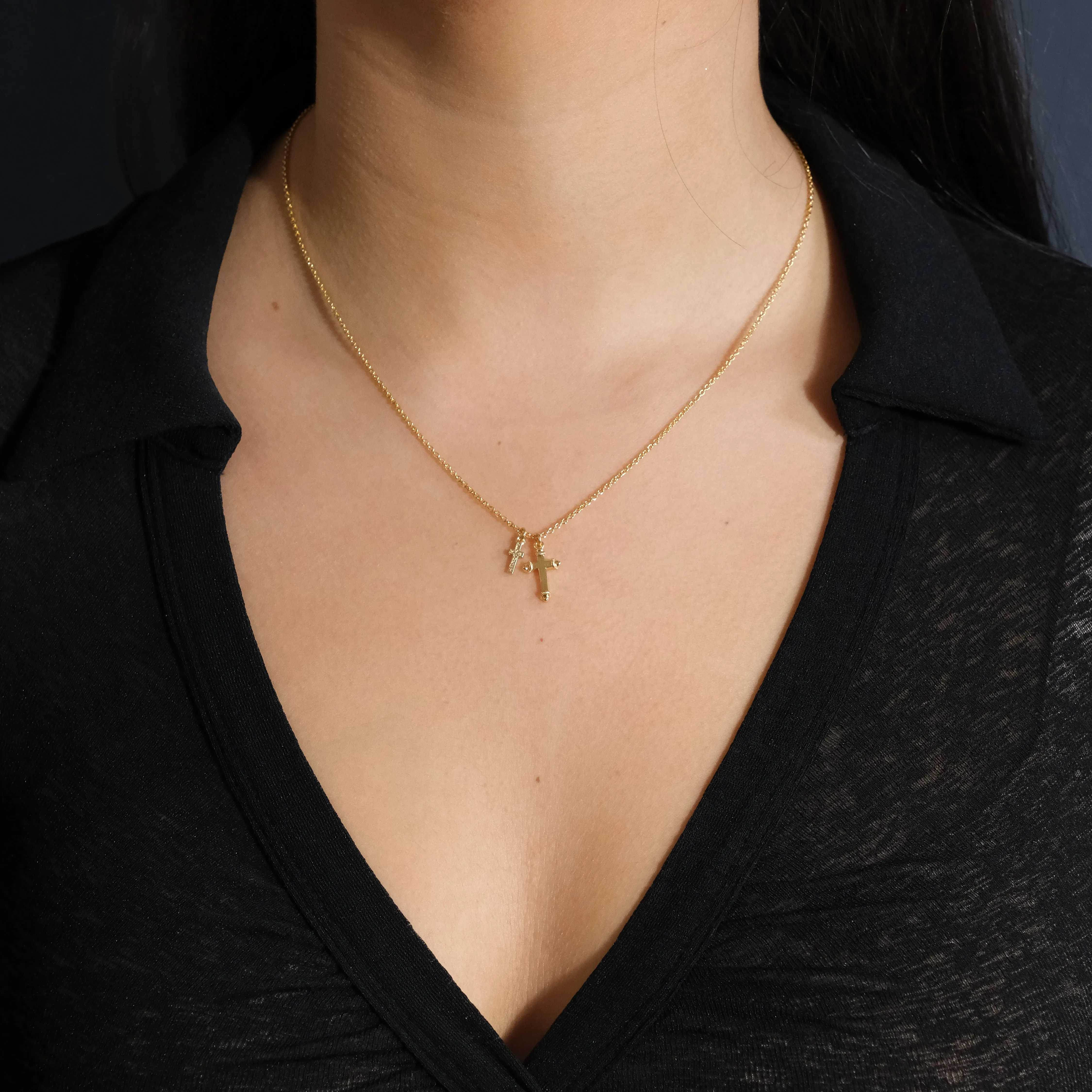 Gold Double Cross Pendant Necklace