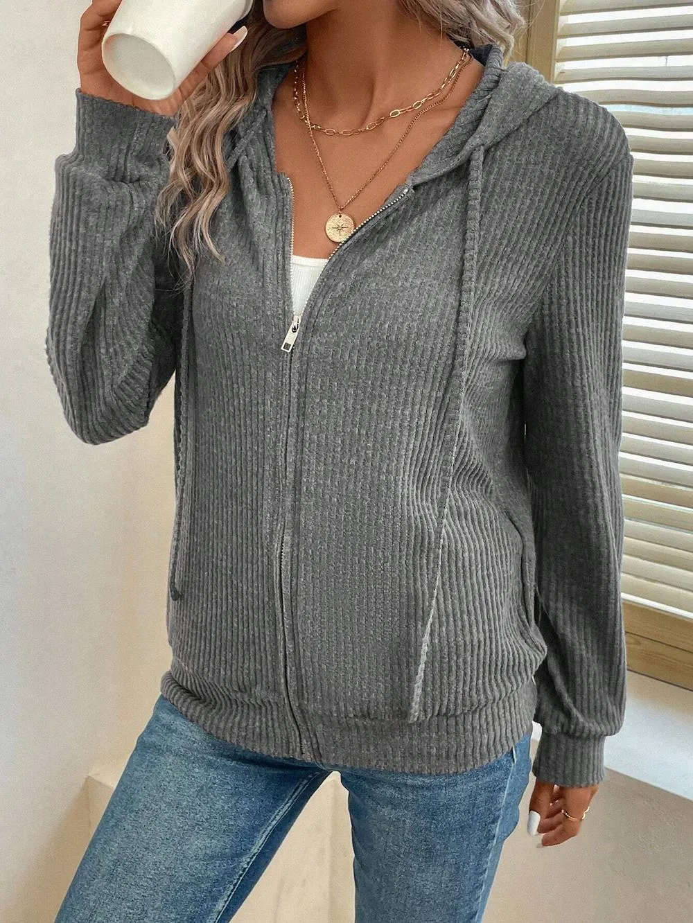 Grey Plain Hoodie Cardigan