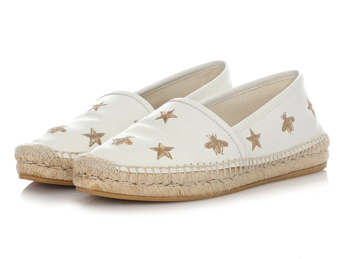 Gucci White Leather Star and Bee Espadrilles