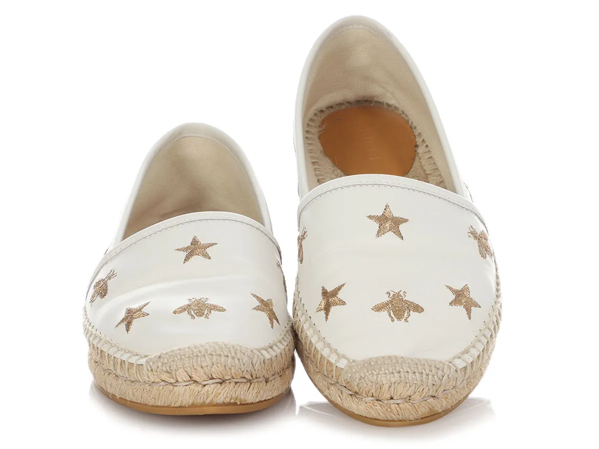 Gucci White Leather Star and Bee Espadrilles