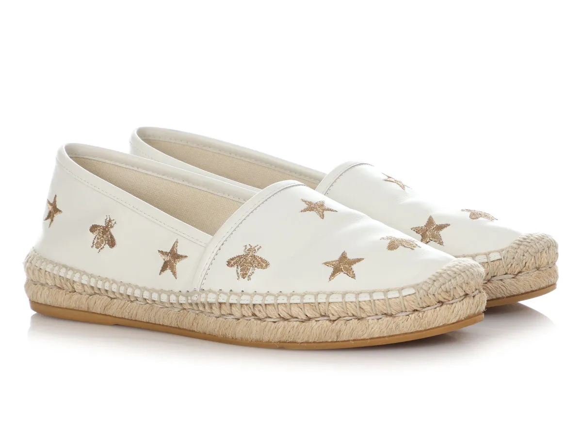 Gucci White Leather Star and Bee Espadrilles