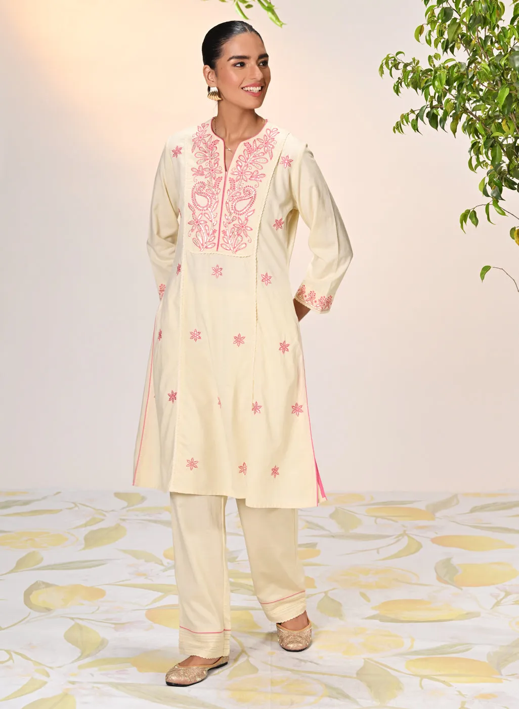 Gulaab Butter Embroidered Cotton Linen Kurta Set for Women