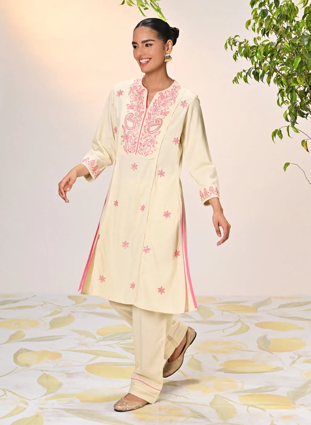 Gulaab Butter Embroidered Cotton Linen Kurta Set for Women