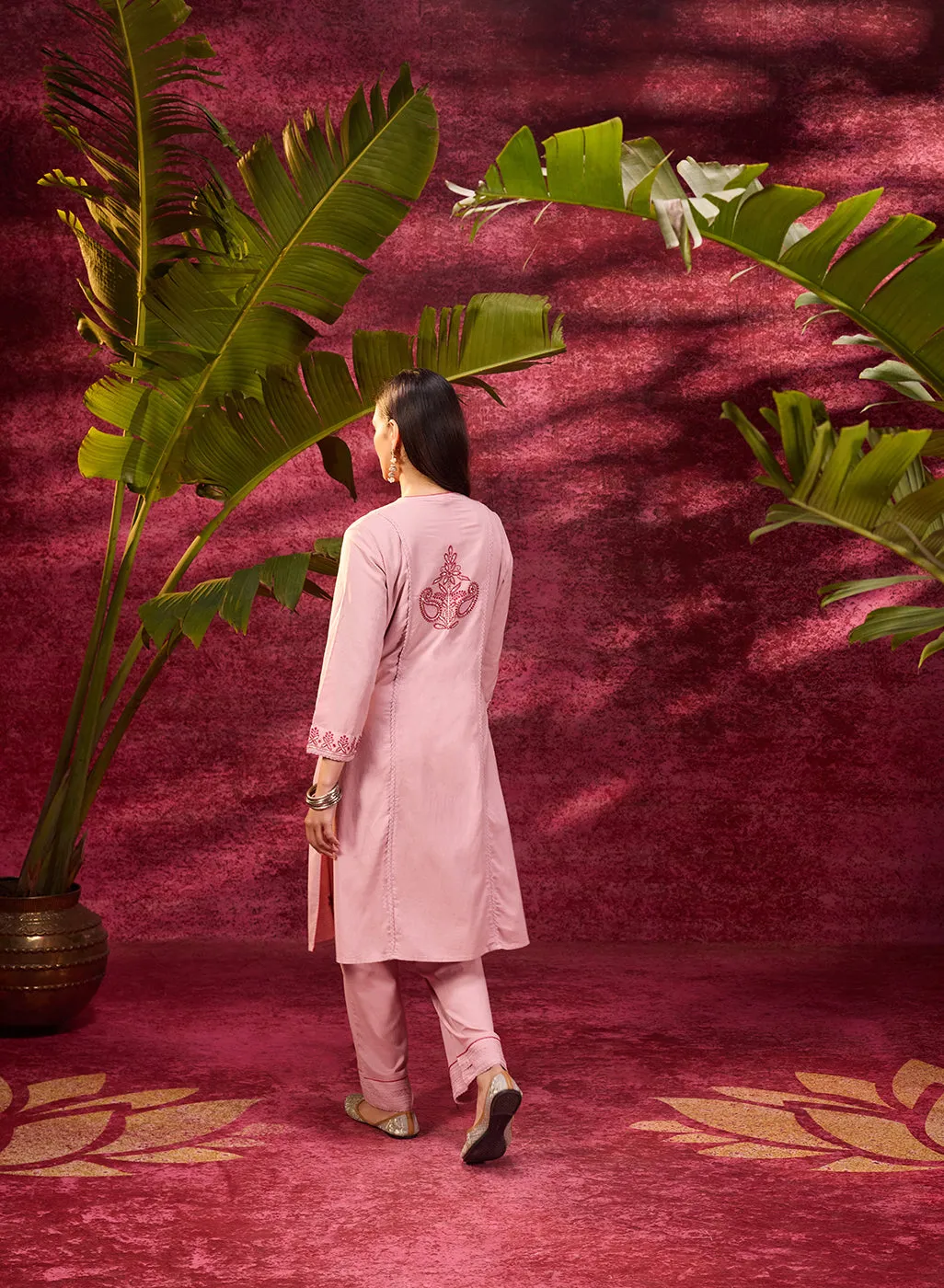 Gulaab Rose Pink Embroidered Cotton Linen Kurta Set for Women