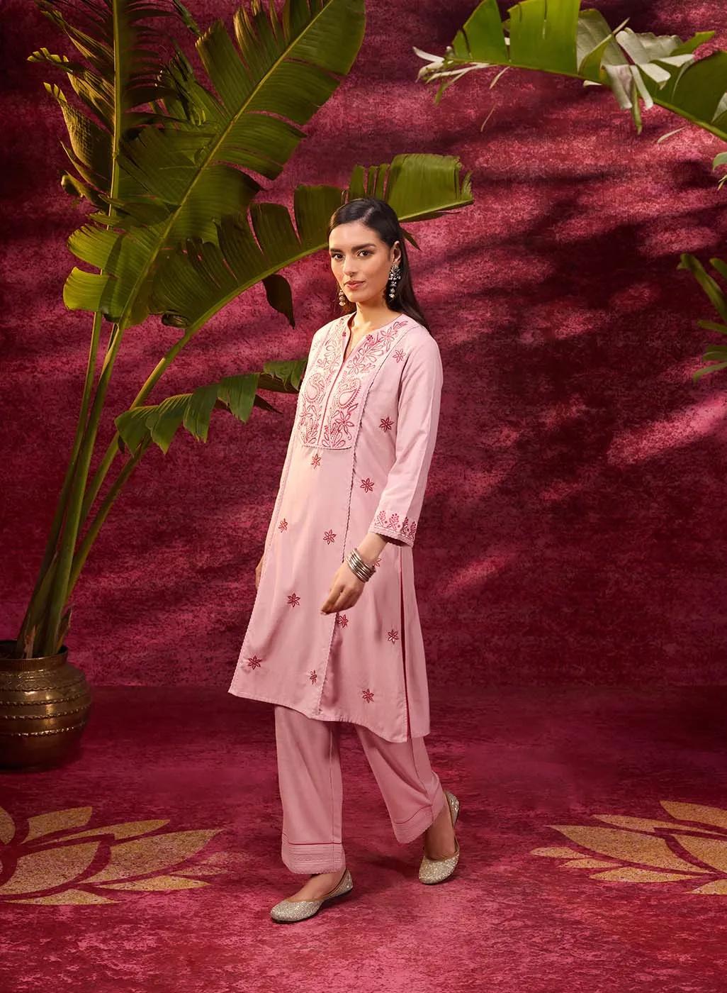 Gulaab Rose Pink Embroidered Cotton Linen Kurta Set for Women