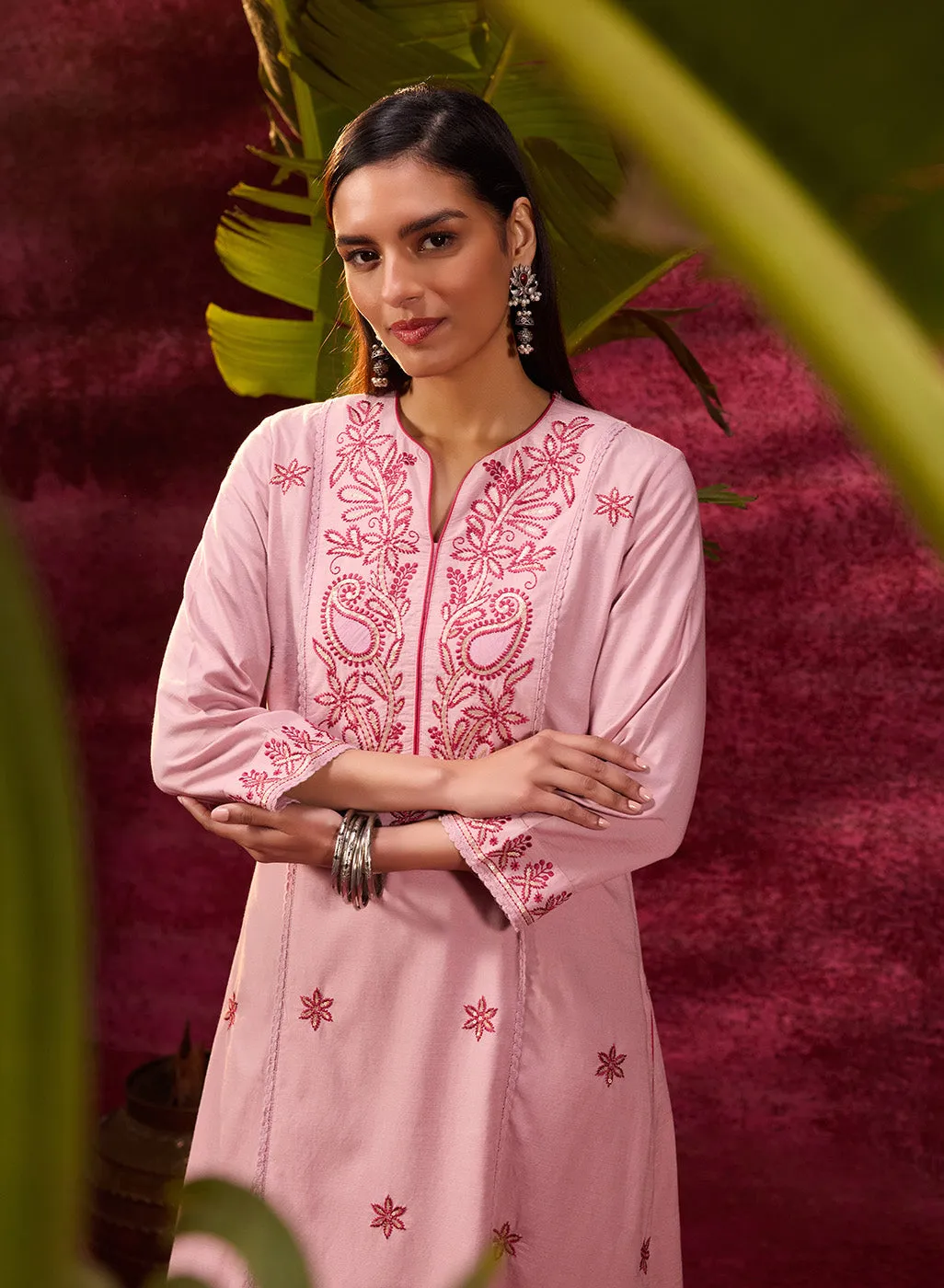 Gulaab Rose Pink Embroidered Cotton Linen Kurta Set for Women