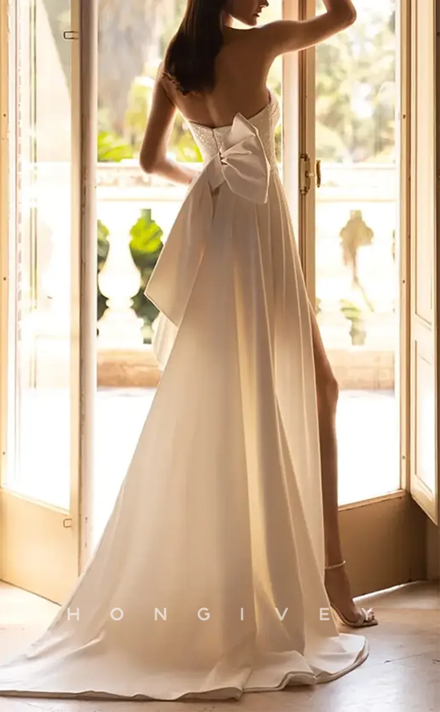 H1159 - Sexy Satin A-Line Sleeveless Strapless Ruched With Side Slit Train Wedding Dress