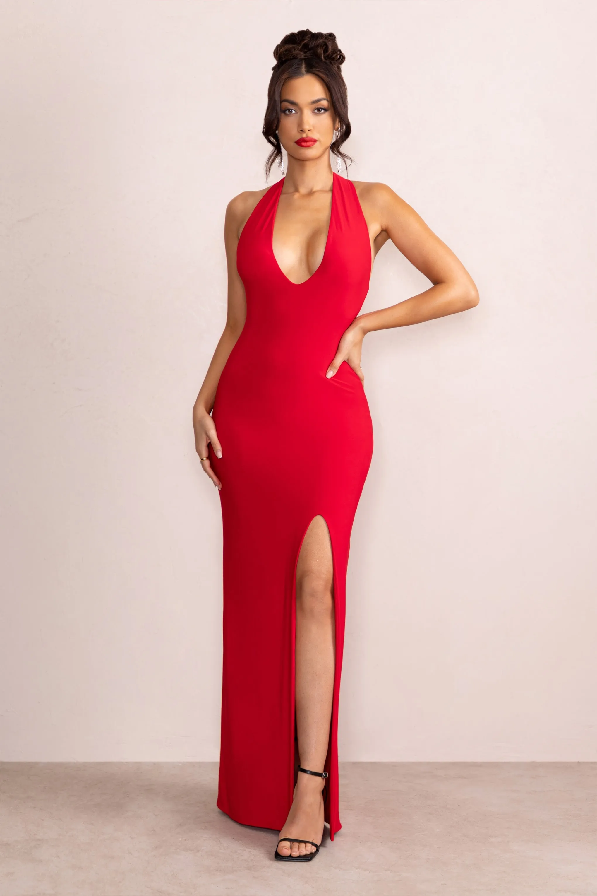 Ines | Red Plunge Neck Sculptured Back Maxi Dress