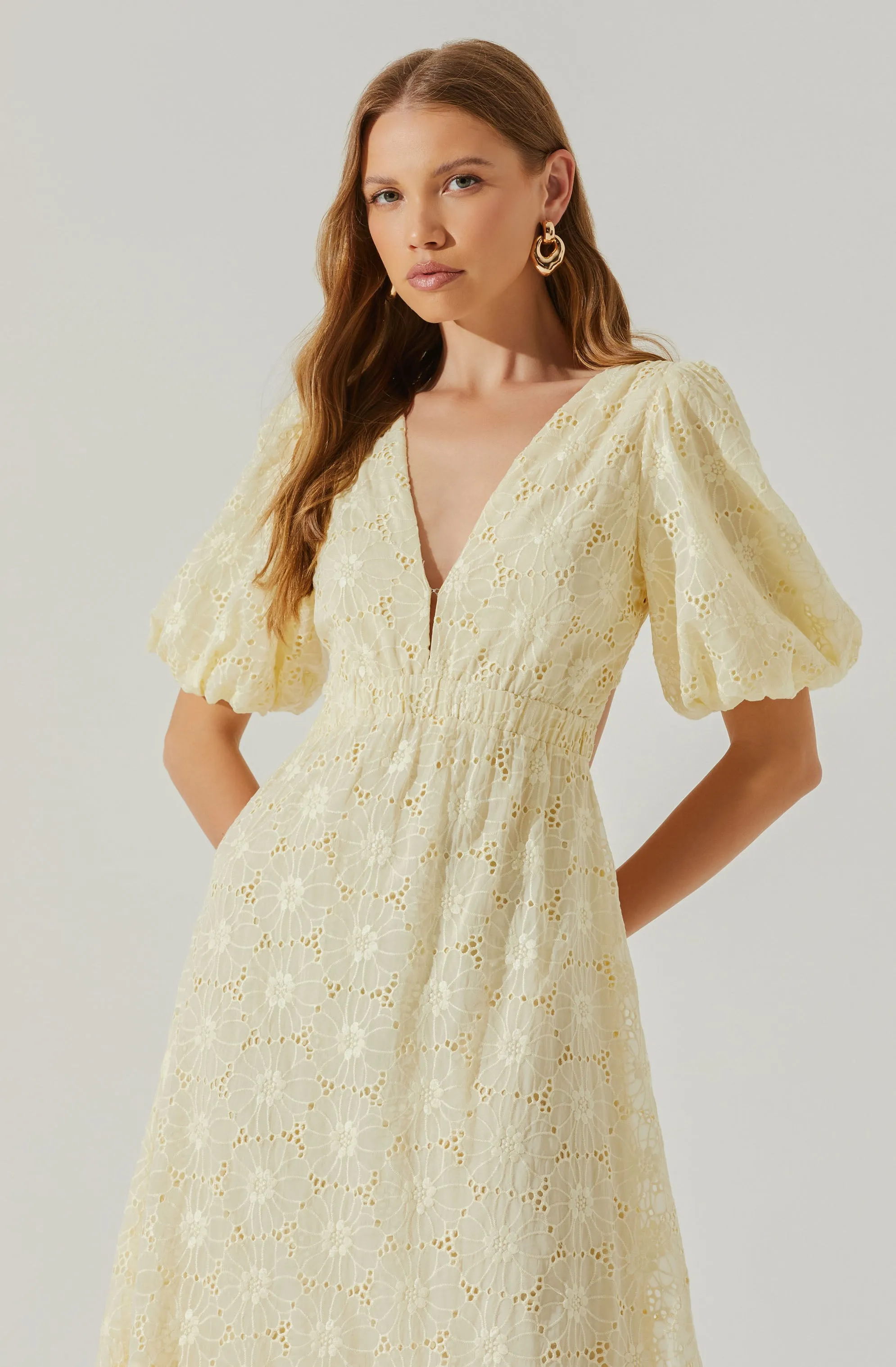 Jaxine Eyelet Puff Sleeve Open Back Midi Dress