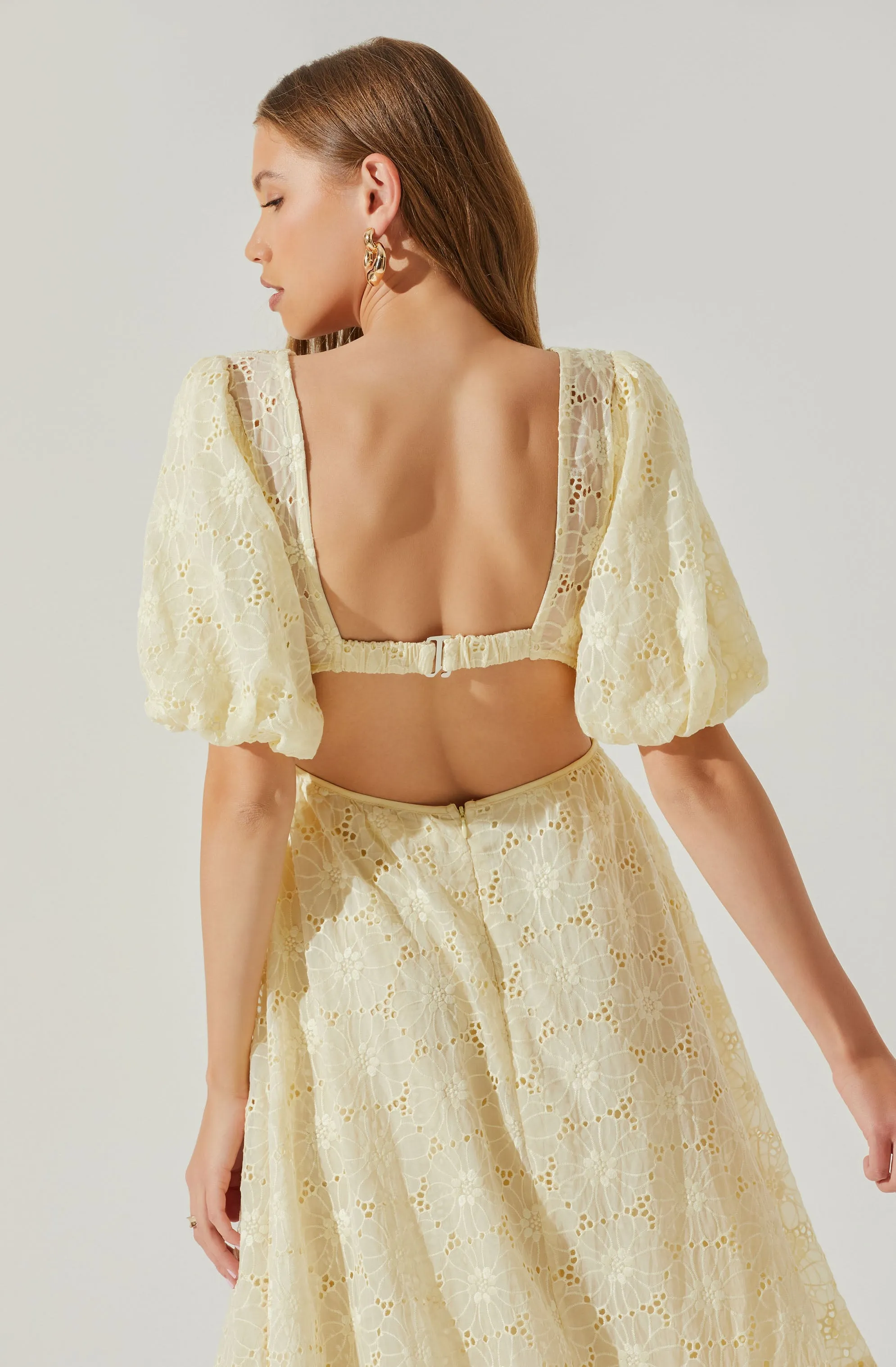 Jaxine Eyelet Puff Sleeve Open Back Midi Dress